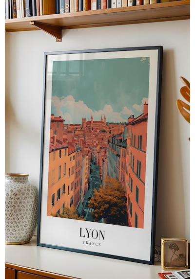 Lyon France Vintage Seyahat Posteri Çerçeveli Tablo - Premium Fransız Mimarisi Elit Duvar Dekoru Siyah