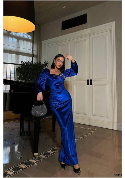 DefyModa Kadın Kadife Kumaş Straplez Taş Detaylı Abiye Elbise Saks