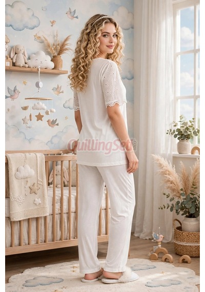 Lady Dantel Detaylı, 33206 Kısa Kol, 2 Parça Lohusa Hamile Pijama Takımı Ekru Renkli