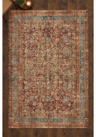 Artloop İstanbul Kahverengi Mavi Oryantal Vintage Desenli Dokuma Tabanlı Şönil Halı Al 635 Kahverengi-mavi