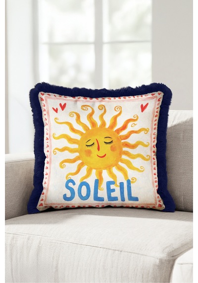 Bohem İtalyan Soleil Güneş Saçaklı Yastık Kılıfı - Retro Sarı Mavi Lacivert Püsküllü Kırlent Kılıfı Sessiz Atlas Serenat