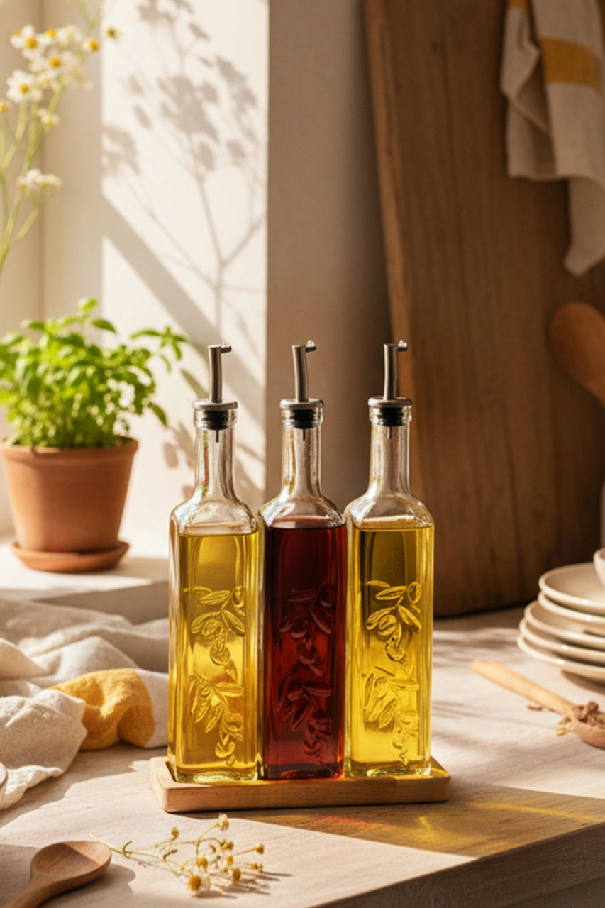 Snippy Safir - Ahşap Standlı 3'lü Cam Damlatmaz Yağlık Sirkelik Zeytinyağı Sıvıyağ Şişesi Yağdanlık 500ml Ahşap