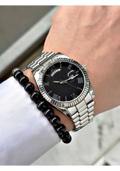 Premium Tasarım Grande Lüks Seri Metal Kordon Çift Takvimli Erkek Kol Saati-bileklik Hediyeli Siyah