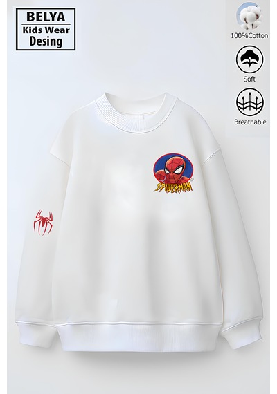 Belyakidswear Tam Kalıp Oversize Erkek Çocuk Pamuğa Pamuk 3 İplik Kumaş Man2 Karakter Tasarım Sweatshirt Beyaz