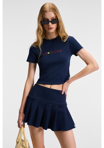 ETHIQUET MIREZA Kadın Baskı Detaylı Slim Fit Kısa Kollu Yuvarlak Yaka acivert T-Shirt
