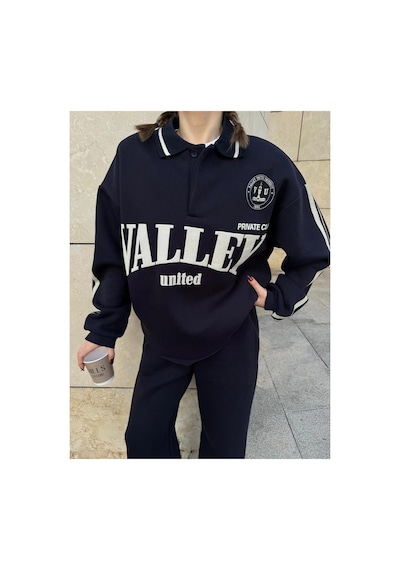 Kadın 3 İplik Pamuklu Yakalı Sweat Baggy Pantolonlu Alt-üst Takım - Siyah