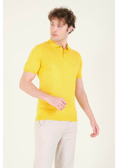 Giyim Dünyası Erkek Yanları Desenli Polo Yaka Merserize T-shirt Sarı 001
