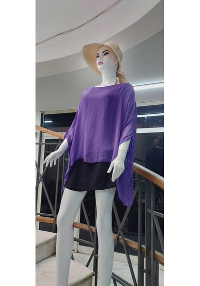 Bohem Stil İtalyan Yarasa Kollu İpek Bluz Mor