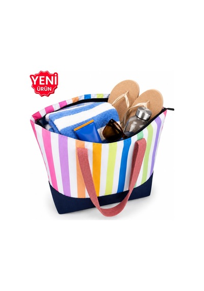 Plaj Cantasi Renkli Cizgili Kot Kumas Tabanli Cantasi Turuncu Galb Leather