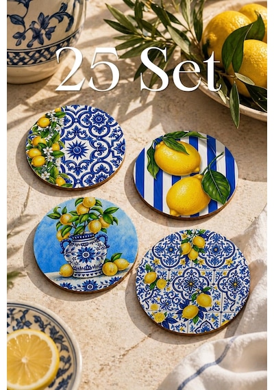 Limon Desenli Bardak Altlığı 25 Set Toplam 100 Adet 9 Cm Mdf Sicilya Çok Renkli