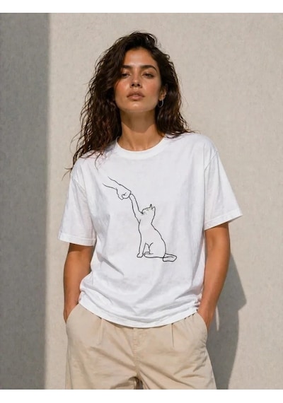 Valensdesign Minimal Kedi Çizim Baskılı Tişört Kısa Kol Yazlık T-shirt - Beyaz