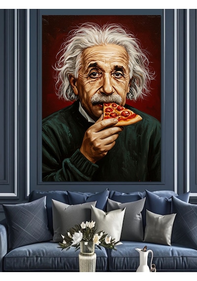 Pizza Yiyen Bilim İnsanı Portresi Dekoratif Kanvas - Mdf Ahşap Tablo