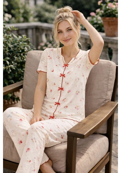 Kadın 01669 Kısa Kol Kaşkorse Pijama Takımı Bej