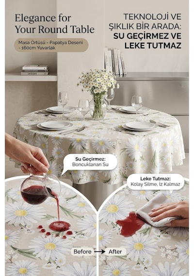 Papatya Desenli Şık Yuvarlak Masa Örtüsü - Birinci Sınıf Kaliteli Kumaş Leke Tutmaz Dijital Baskı Bej