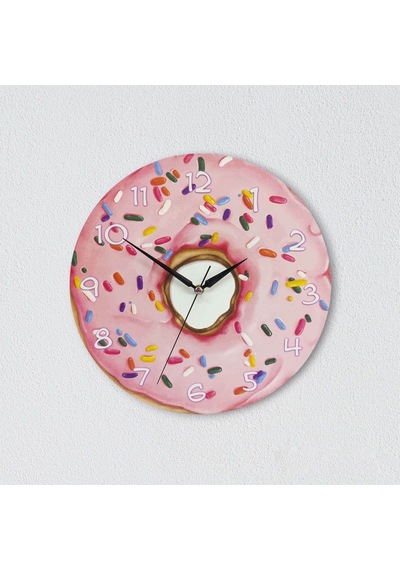 CajuArt Dekoratif Pembe Donut Yuvarlak Ahşap Duvar Saati Ahşap
