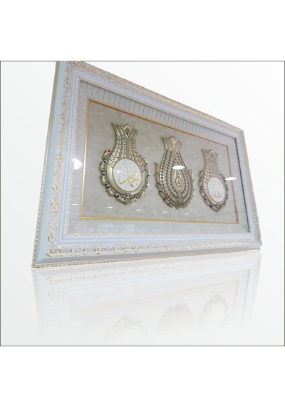 61x97 CM Esmalı Kristal Taşlı Oyma Çerçeveli Üçlü Lale Tablo Pano