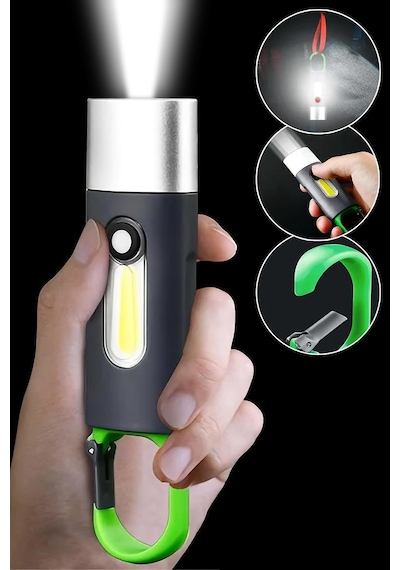 4 Modlu Şarjlı El Feneri Cob Led Usb Kamp Outdoor Avcılık Lambası Kancalı 400 Lümen 3w Çok Renkli