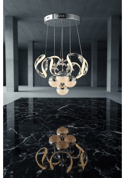 Luna Krom Kristal Çiçek Detaylı 4 Lü Modern Sarkıt Avize Salon Ve Yemek Odası Aydınlatması Gümüş Gümüş