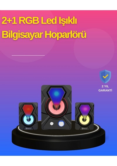 Hubrendy Tekno 2.1 Kanal Rgb Led Oyun Hoparlörü Subwoofer Destekli