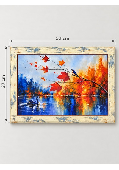 Ahşap Eskitme Çerçeve Desenli Kuğu Ve Kuş Figürlü Dekoratif Ahşap Tablo 52x37 Cm