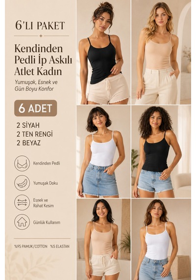 Loule Kadın 6'lı İp Askılı Pedli Atlet 2 Si Yah-2 Beyaz-2 Ten %95 Pamuk Çok Renkli