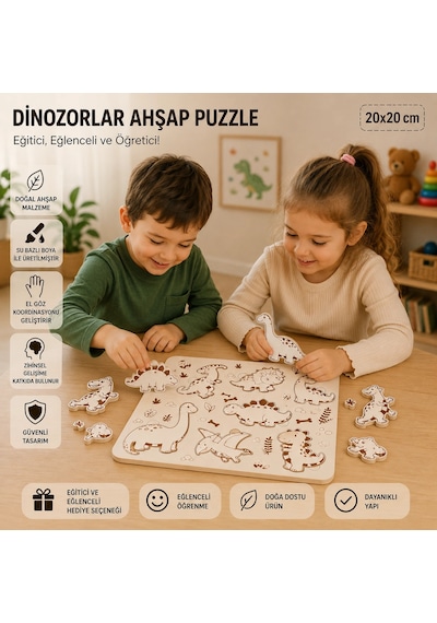 Dinozorlar Dünyası Eğitici Ahşap Puzzle 20x20 Cm Okul Öncesi Zeka Geliştirici Oyuncak