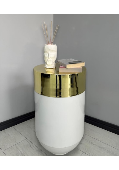 Dekoratif Gold Darbuka Parlak Beyaz Sehpa 70cm