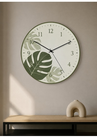 AA Shop Dekoratif Baskılı Ahşap Botanik Desenli Duvar Saati Sessiz Akar Mekanizmalı Modern Çiçek Ve Yaprak 818 Çoklu Renkli