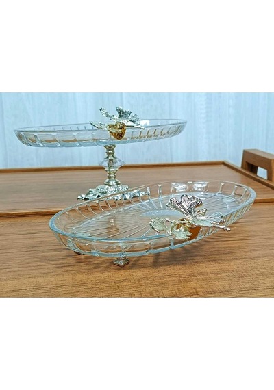 Elta Collection 2 Li Paşabahçe Kristal Metal Ayaklı Gümüş Oval Düz Pasta Sunumluk Kurabiyelik Gümüş Oval Düz