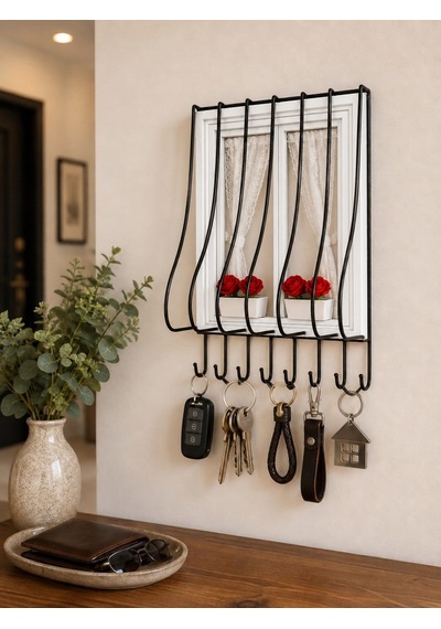 Ahşap Pencere Tasarımlı Duvar Tipi Anahtarlık Anahtar Askılığı Dekoratif Organizer Beyaz