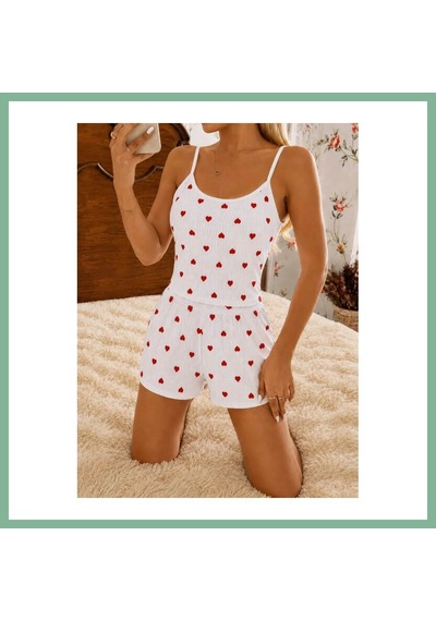 Bşkvirgo Kadın Beyaz Kalp Desenli Yumuşak Askılı Şortlu Pijama Takımı 5263 Beden: S/m Renk: Beyaz Bsk2026