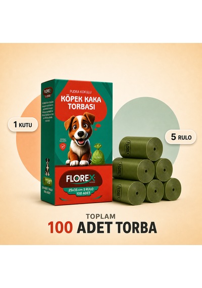 Florex Köpek Kaka Poşeti Pudra Kokulu 5 Rulo 100 Adet - Patili Dostlar Tuvalet Torbası