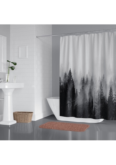 Banyo Duş Perdesi Sisli Orman Desen Dijital Baskılı Banyo Perdesi, Tek Kanat C Halkalı-180x200 Cm Çok Renkli