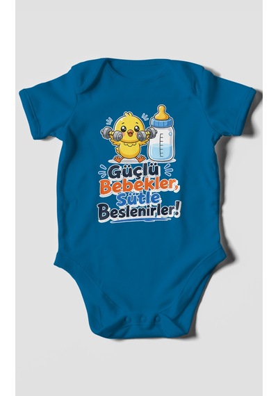 Morivokids Güçlü Bebekler Sütle Beslenir Kısa Kollu Bebek Body %100 Pamuk Koyu Mavi