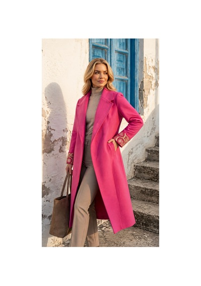 Lila Mare Tekstil Fuşya Pembe Kaşe Kolları Nakışlı Kaban Manto Pembe Pembe