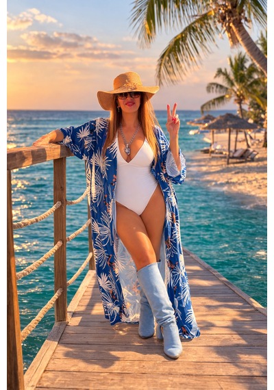 Wellway Viskon Saten Kumaş Kimono - Pareo - Sabahlık - Kuşak Dahildir - Mavi Mavi