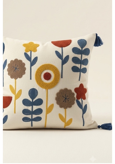 Modern Bahçe Renkli Çiçek Motifli Punch Nakışlı Püsküllü Pamuk Kırlent Kılıfı 42x42 Cm Mavi