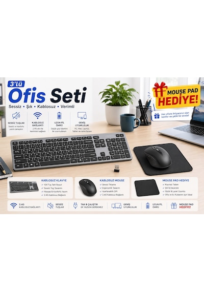 Apple Macbook Air 13.3" M1 Uyumlu Kablosuz Klavye Mouse Seti Mouse Pad li 3'lü Ofis Seti Diğer