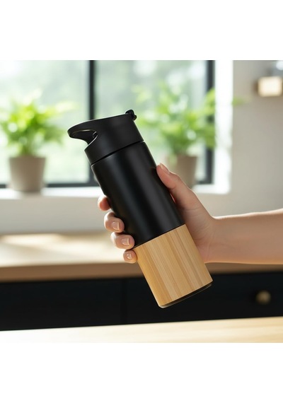 450 Ml Bambu Kaplamalı Çelik Termos - Siyah, Mavi Ve Kırmızı Renk Seçenekli Sızdırmaz Isı Yalıtımlı Seyahat Termosu Siyah Çok Renkli