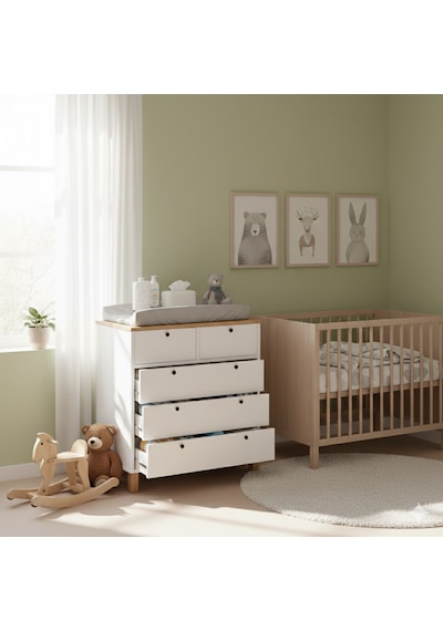 Robin Home Merlin Bebek Odası Çocuk Odası Şifonyer 5 Çekmece Ahşap Ayaklı Beyaz-sepet