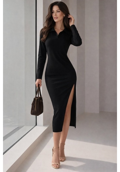 Emh Store Kadın Uzun Kollu Yakalı Yandan Yırtmaçlı Midi Modal Elbise Siyah
