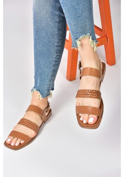 Fox Shoes Taba Hakiki Deri Kadın Sandalet