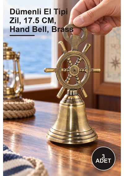 3 Adet Pirinç El Çanı Dümenli El Tipi Zil, 17.5 Cm, Hand Bell, Brass