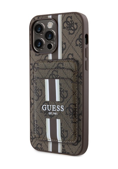 Apple Uyumlu iPhone 14 Pro Max Kılıf Guess Lisanslı Magsafe Özellikli 4g Desen Çizgili Kartlıklı Kapak Kahverengi