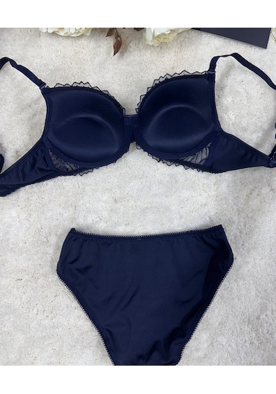 Le Jardin Parlak Simli İpli Brodeli Push-up Sütyen Külot Takım-50 Lacivert