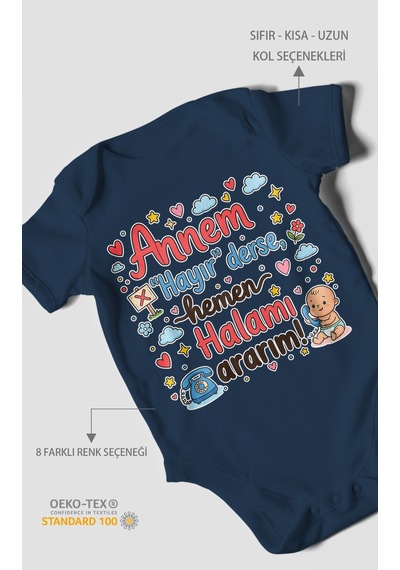 Morivokids Annem Hayır Derse Hemen Halamı Ararım Kısa Kollu Bebek Body %100 Pamuk Lacivert