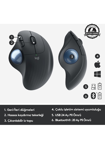 Logitech Ergo M575 For Business Kablosuz Iztopu Özellikli Konforlu Ergonomik Mouse