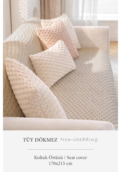 Soft Kürklü Koltuk Örtüsü 170x215 Cm Yumuşak Peluş Kaymaz Taban Kanepe Örtüsü Bej
