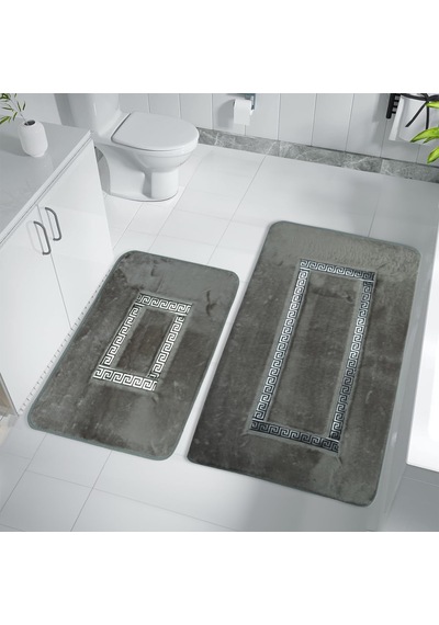 Tr Meram Kaymaz Taban Emici 2'li Ultra Lüks Deri Detaylı Banyo Paspası Seti Gri-gümüş 60x100 Cm Ve 50x60 Cm Genel