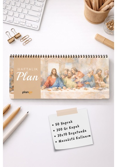Tarihsiz Spiralli Haftalık Masaüstü Planlayıcı - Son Akşam Yemeği - 10x30 Cm Plango Turkuaz